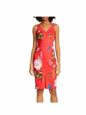 Ted Baker Red Floral Sheath Dress with V-Neck